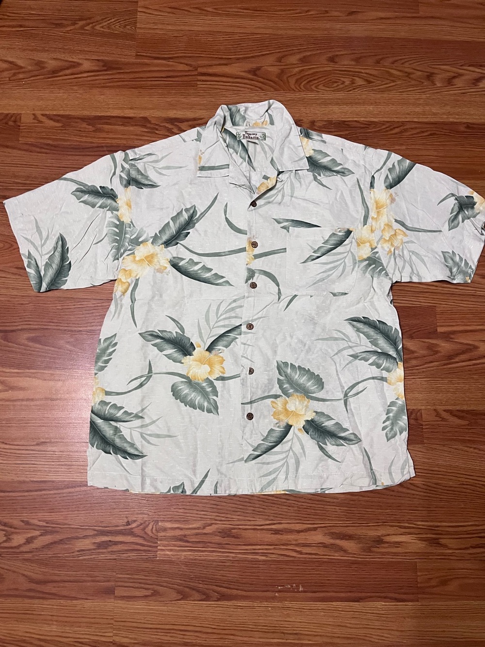 Tommy Bahama White Tropical Floral Hawaiian Shirt With Yellow Blooms 100% Silk